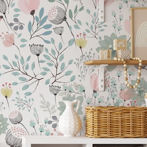 Pastel Floral Wallpaper | Removable Self Adhesive Botanical Wallpaper | Floral Peel and Stick or Pre-Pasted Wallpaper