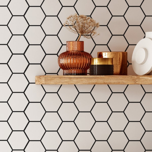 Hexagon Wallpaper | Removable Self Adhesive Black White Tile Wallpaper | Geometrical Peel and Stick or Pre-Pasted Wallpaper