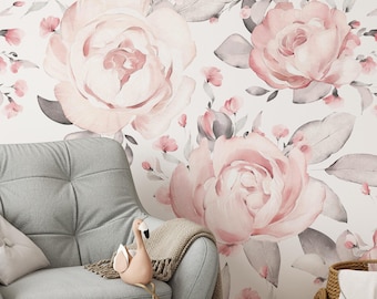 Girls Roses Wallpaper | Removable Self Adhesive Botanical Pink Wallpaper | Floral Peel and Stick or Pre-Pasted Wallpaper