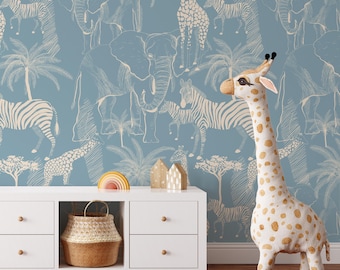 Blue Safari Animals Wallpaper | Removable Self Adhesive Jungle Animals Wallpaper | Peel and Stick or Pre-Pasted Wallpaper | Eco Friendly