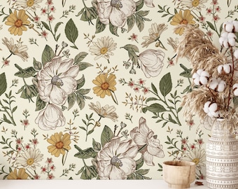 Victorian Retro Floral Wallpaper | Removable Self Adhesive Vintage Botanical Wallpaper | Rosehip and Chamomile Peel and Stick or Pre-Pasted