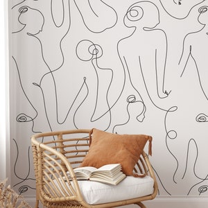 Female Body Line Art Wallpaper | Removable Self Adhesive Black White Wallpaper | Minimalist Peel and Stick or Pre-Pasted Wallpaper