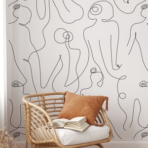 Papel tapiz con líneas de cuerpo femenino / Papel tapiz autoadhesivo removible en blanco y negro / Papel tapiz minimalista despegable y pegable o preencolado
