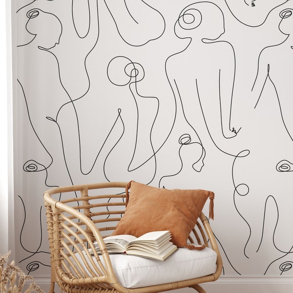 Female Body Line Art Wallpaper | Removable Self Adhesive Black White Wallpaper | Minimalist Peel and Stick or Pre-Pasted Wallpaper