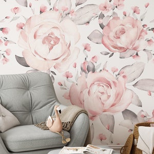 Mädchen Rosen Wallpaper | Abnehmbare selbstklebende botanische rosa Tapete | Florales Schälen und Aufkleben oder vorgeklebte Tapete