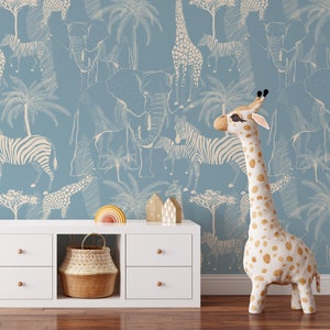 Blue Safari Animals Wallpaper | Removable Self Adhesive Jungle Animals Wallpaper | Peel and Stick or Pre-Pasted Wallpaper | Eco Friendly