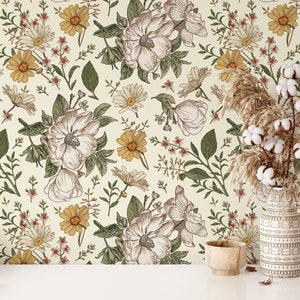 Victorian Retro Floral Wallpaper | Removable Self Adhesive Vintage Botanical Wallpaper | Rosehip and Chamomile Peel and Stick or Pre-Pasted