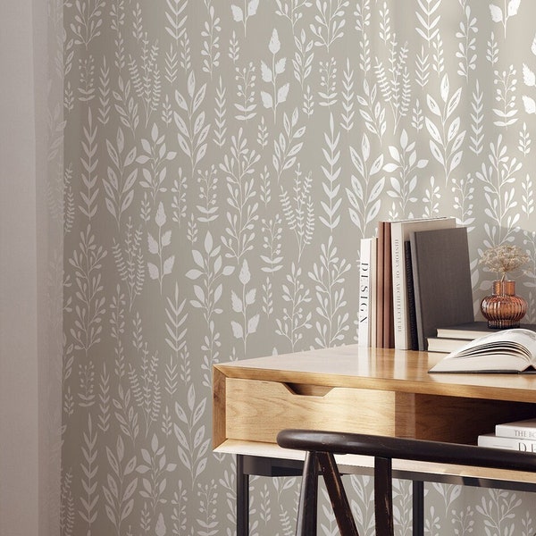 Moderne Boho-Kräuter-Tapete | Abnehmbare selbstklebende minimalistische Tapete | Neutrale Blumentapete zum Abziehen und Aufkleben oder vorgeklebt