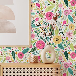 Bright Colorful Floral Wallpaper | Removable Self Adhesive Botanical Wallpaper | Floral Peel and Stick or Pre-Pasted Wallpaper