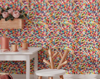 Bright Color Squares Wallpaper | Removable Self Adhesive Abstract Geometrical Wallpaper | Colorful Peel and Stick or Pre-Pasted Wallpaper