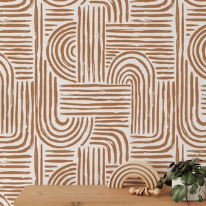 Minimalist Abstract Lines Wallpaper | Removable Self Adhesive Brown Boho Wallpaper | Geometrical Rounded Lines Peel and Stick or Pre-Pasted