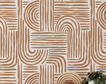 Minimalist Abstract Lines Wallpaper | Removable Self Adhesive Brown Boho Wallpaper | Geometrical Rounded Lines Peel and Stick or Pre-Pasted