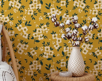 Papel pintado con motivos primaverales / Papel pintado botánico autoadhesivo removible / Papel pintado floral mostaza despegable y pegable o preencolado / Ecológico