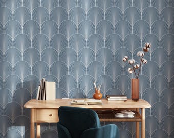 Light Blue Vintage Wallpaper | Removable Self Adhesive Art Deco Wallpaper | Geometrical Fan Shaped Peel and Stick or Pre-Pasted | Eco