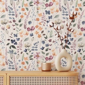 Colored Garden Wallpaper | Removable Self Adhesive Botanical Wallpaper | Floral Peel and Stick or Pre-Pasted Wallpaper | Eco Friendly