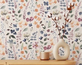 Gekleurd tuinbehang | Verwijderbaar zelfklevend botanisch behang | Peel-and-Stick of voorgelijmd behang met bloemen | Milieuvriendelijk
