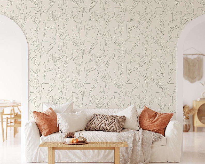 Green Leaves Floral Wallpaper | Removable Self Adhesive Minimalistic Wallpaper | Neutral Floral Peel and Stick or Pre-Pasted Wallpaper image 3
