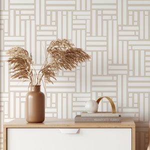 Contemporary Elegant Wallpaper | Removable Self Adhesive Beige Boho Wallpaper | Geometrical Minimalist Peel and Stick or PrePasted Wallpaper