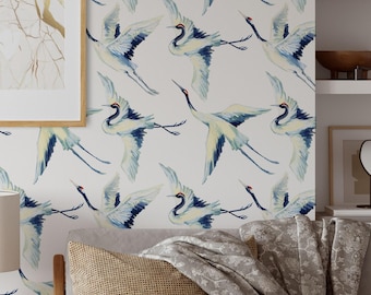 Crane Birds Wallpaper | Removable Self Adhesive Vintage Chinoiserie Herons Wallpaper | Peel and Stick or Pre-Pasted Wallpaper