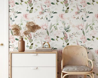Pink Hummingbirds Botanical Wallpaper | Removable Self Adhesive Garden Wallpaper | Floral Peel and Stick or Pre-Pasted | Eco Friendly