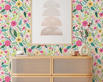 Bright Colorful Floral Wallpaper | Removable Self Adhesive Botanical Wallpaper | Floral Peel and Stick or Pre-Pasted Wallpaper