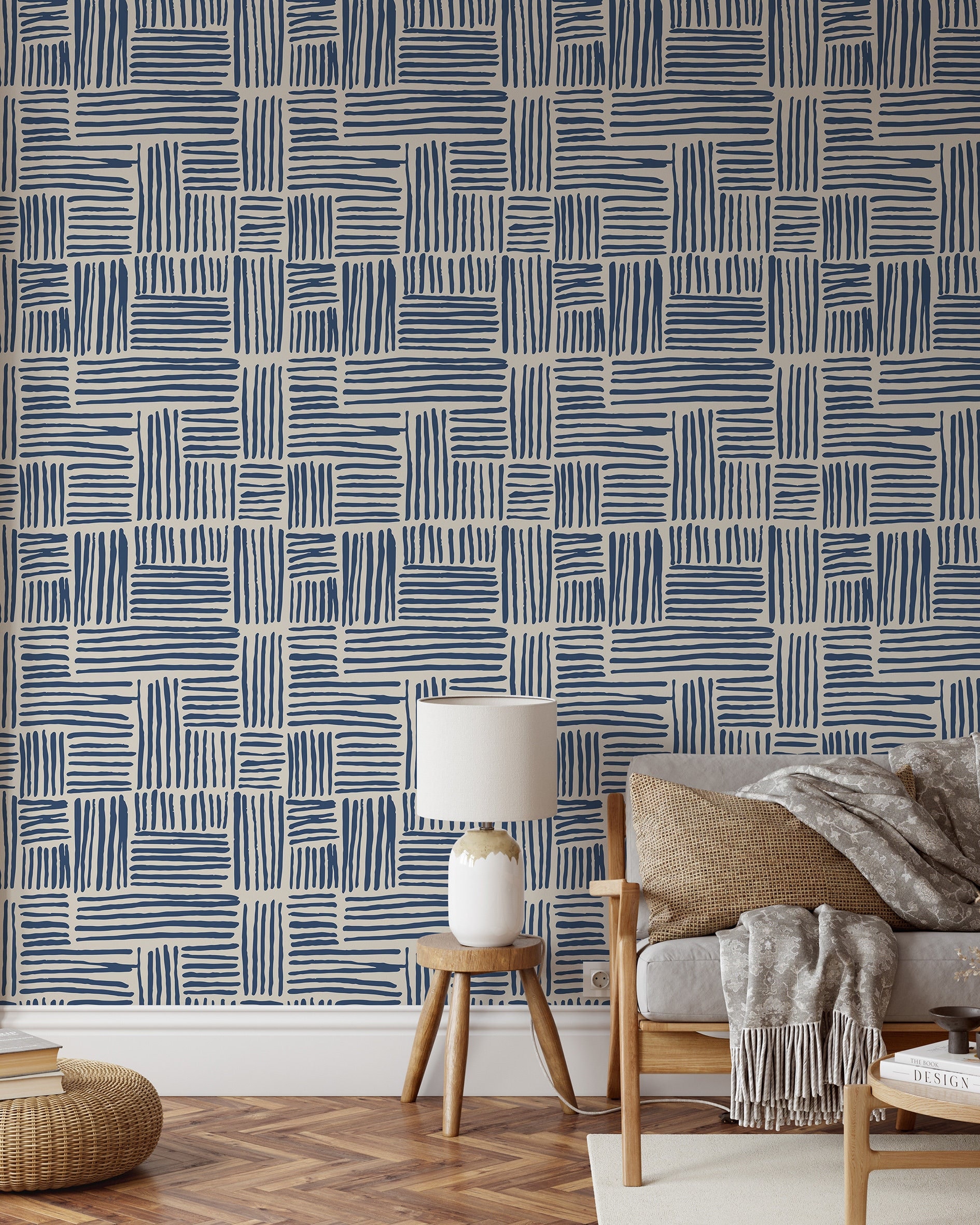 Blue Contemporary Wallpaper | Removable Self Adhesive Abstract Lines Wallpaper | Geometrical Elegant Peel and Stick Wallpaper | EcoFriendly