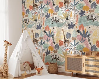 Childish Jungle Animals Wallpaper | Removable Self Adhesive Tropical Landscape Wallpaper | Colorful Kids Play Room Wall Décor | Eco Friendly