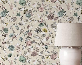 Beautiful Pastel Flowers Wallpaper | Removable Self Adhesive Botanical Wallpaper | Floral Peel and Stick or Pre-Pasted Wall | Eco Friendly