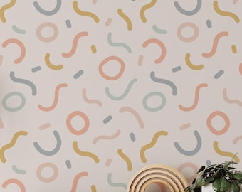 Boho Doodle Lines Wallpaper | Removable Self Adhesive Scandinavian Colorful Wallpaper | Minimalistic  Kids Peel and Stick or Pre-Pasted