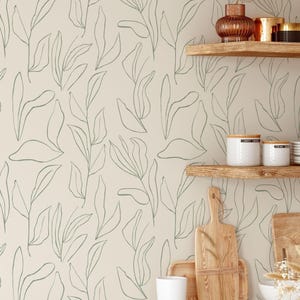 Green Leaves Floral Wallpaper | Removable Self Adhesive Minimalistic Wallpaper | Neutral Floral Peel and Stick or Pre-Pasted Wallpaper image 1
