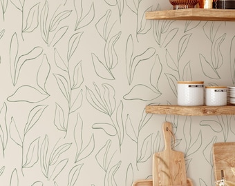 Green Leaves Floral Wallpaper | Removable Self Adhesive Minimalistic Wallpaper | Neutral Floral Peel and Stick or Pre-Pasted Wallpaper