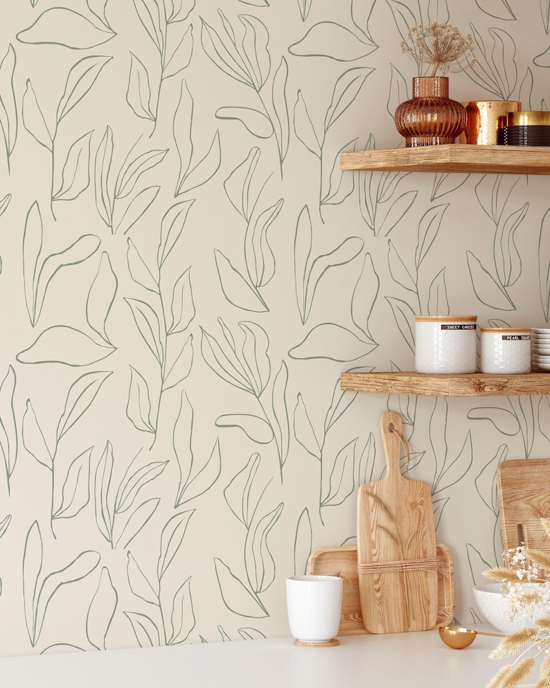 Green Leaves Floral Wallpaper | Removable Self Adhesive Minimalistic Wallpaper | Neutral Floral Peel and Stick or Pre-Pasted Wallpaper image 1