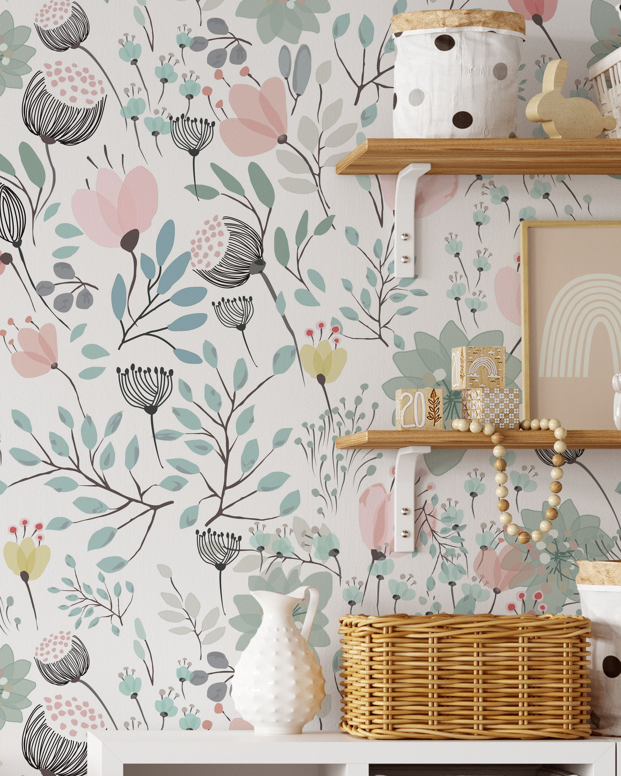 Pastel Floral Wallpaper | Removable Self Adhesive Botanical Wallpaper | Floral Peel and Stick or Pre-Pasted Wallpaper