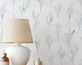 Blue Minimalist Wallpaper | Removable Self Adhesive Watercolor Wallpaper | Neutral Floral Peel and Stick or Pre-Pasted Wallpaper