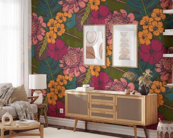 Colorful Floral Wallpaper | Removable Self Adhesive Botanical Wallpaper, Large Flowers Peel and Stick or Pre-Pasted Wallpaper | Eco Friendly