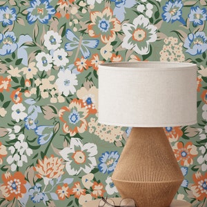 Colorful Retro Floral Wallpaper | Removable Self Adhesive Botanical Wallpaper | Floral Peel n&#39; Stick or Pre-Pasted Wallpaper | Eco Friendly