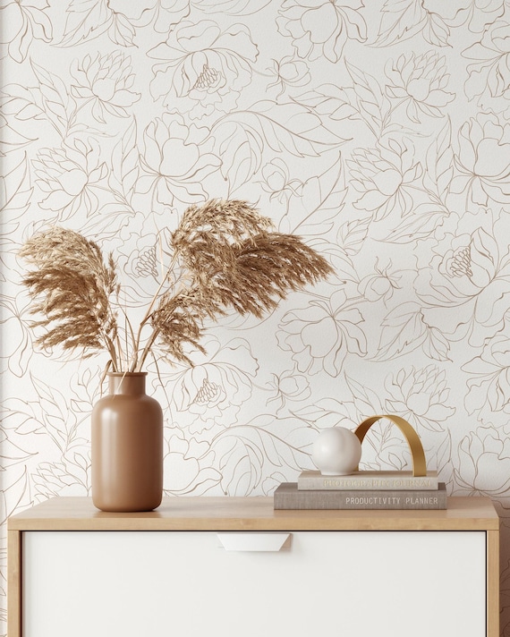 Boho Peonies Wallpaper | Removable Self Adhesive Minimalistic Wallpaper | Floral Peel and Stick or Pre-Pasted Wallpaper | Eco Friendly