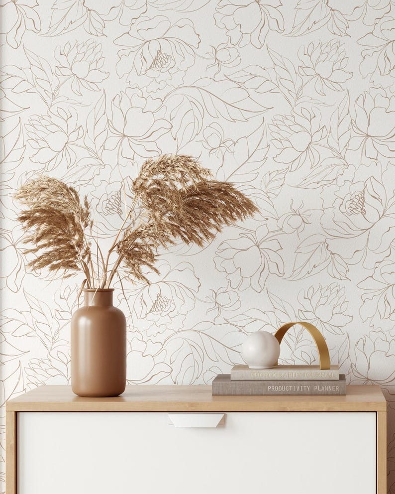 Boho pioenrozen behang | Verwijderbaar, zelfklevend minimalistisch behang | Peel-and-Stick of voorgelijmd behang met bloemen | Milieuvriendelijk afbeelding 1