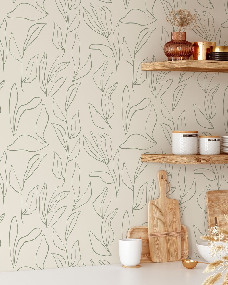 Green Leaves Floral Wallpaper Removable Self Adhesive Minimalistic