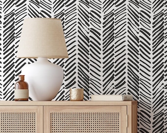 Black n' White Herringbone Wallpaper | Removable Self Adhesive Abstract Lines Wallpaper | Geometrical Peel and Stick or Pre-Pasted Wallpaper