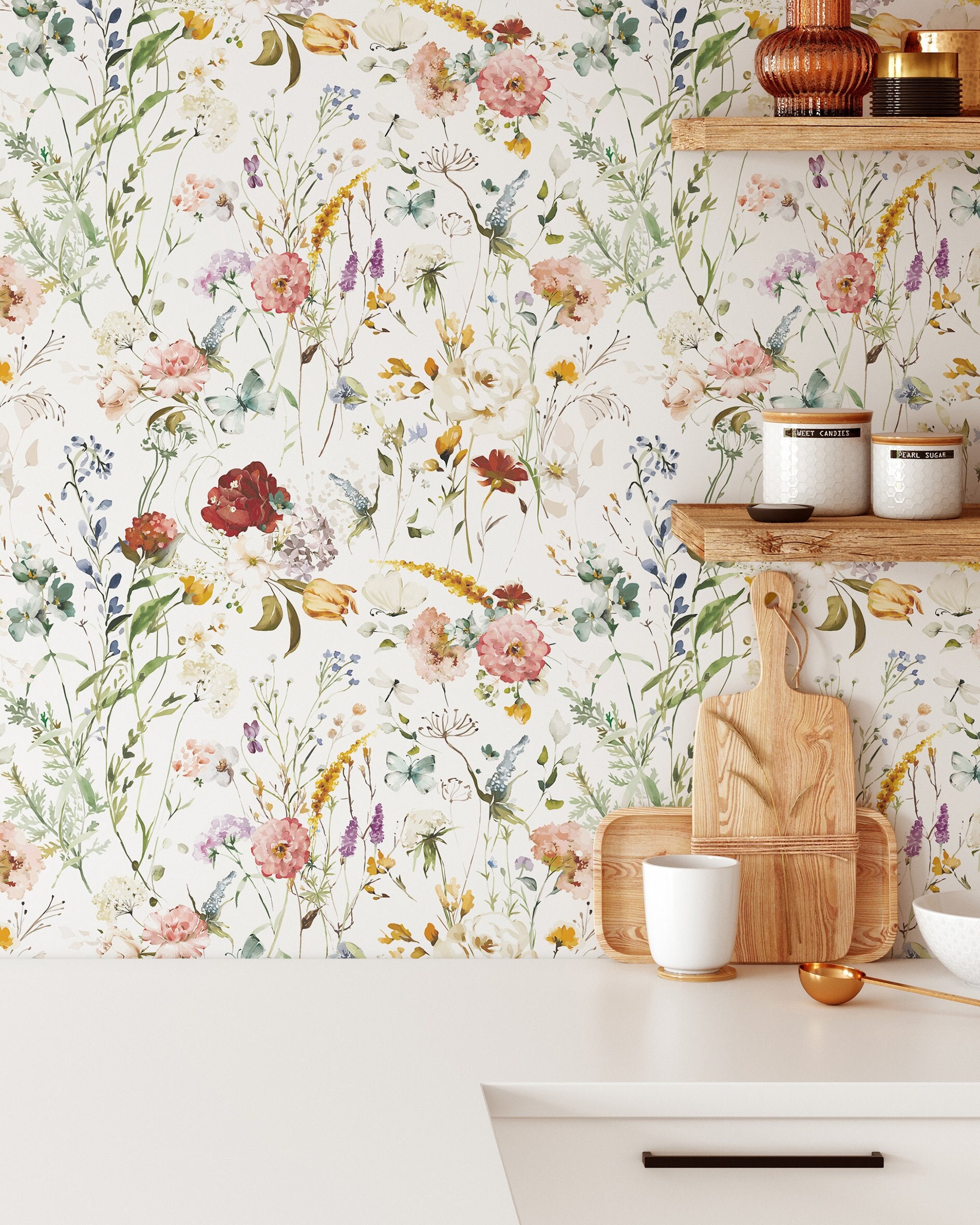 Wildflower Floral Wallpaper | Removable Self Adhesive Watercolor Wallpaper | Floral Peel and Stick or Pre-Pasted Wallpaper | Eco Friendly