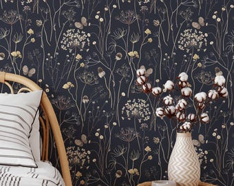 Wild Plants and Butterflies Wallpaper | Minimalistic Floral Dark Removable Self Adhesive Wall Decor | Delicate Peel and Stick or Traditional