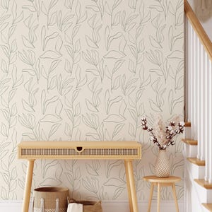 Green Leaves Floral Wallpaper | Removable Self Adhesive Minimalistic Wallpaper | Neutral Floral Peel and Stick or Pre-Pasted Wallpaper image 5