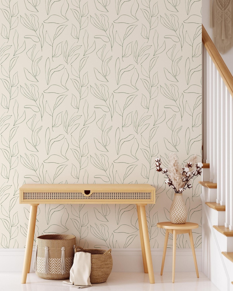 Green Leaves Floral Wallpaper | Removable Self Adhesive Minimalistic Wallpaper | Neutral Floral Peel and Stick or Pre-Pasted Wallpaper image 5
