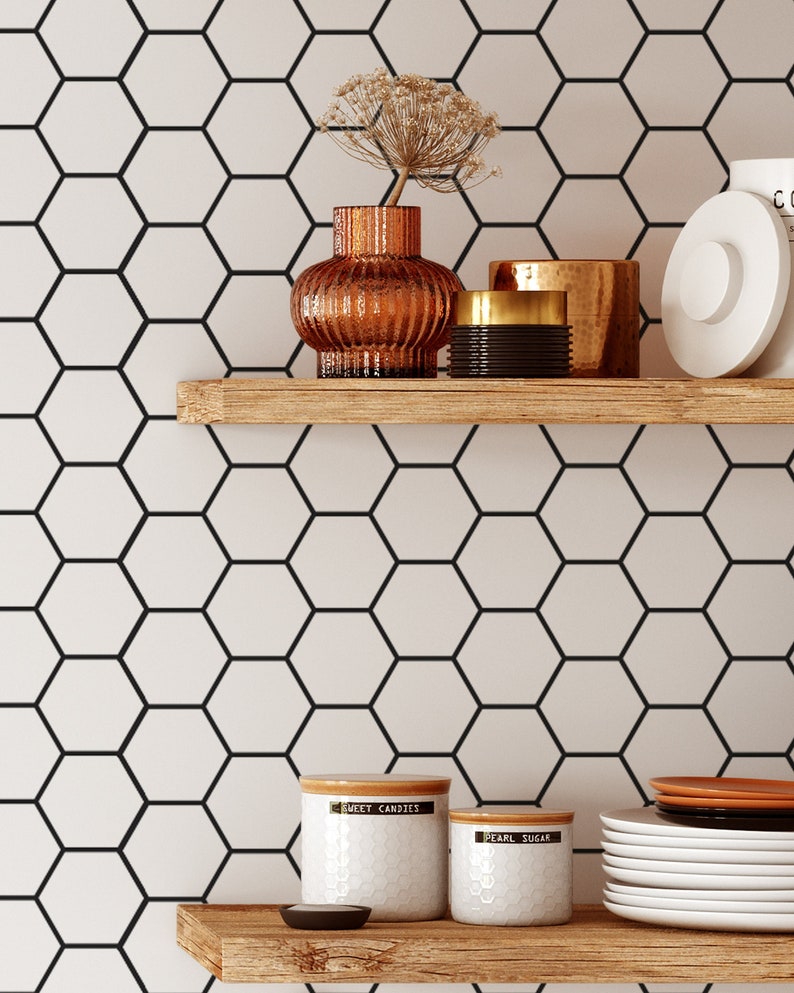 Hexagon Wallpaper Removable Self Adhesive Black White Tile Wallpaper Geometrical Peel and Stick or Pre-Pasted Wallpaper image 1