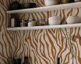 Contemporary Tiger Print Wallpaper | Removable Self Adhesive Jungle Animal Waves Skin Wallpaper | Neutral Modern Peel and Stick Wall Decor