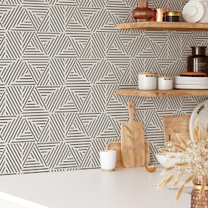 Papel pintado autoadhesivo de rayas con diseño geométrico, moderno y ecológico.