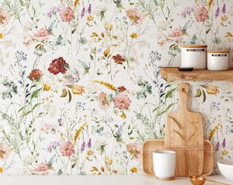 Wildflower Floral Wallpaper | Removable Self Adhesive Watercolor Wallpaper | Floral Peel and Stick or Pre-Pasted Wallpaper | Eco Friendly