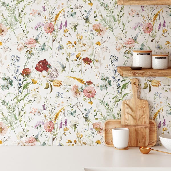 Wildflower Floral Wallpaper | Removable Self Adhesive Watercolor Wallpaper | Floral Peel and Stick or Pre-Pasted Wallpaper | Eco Friendly