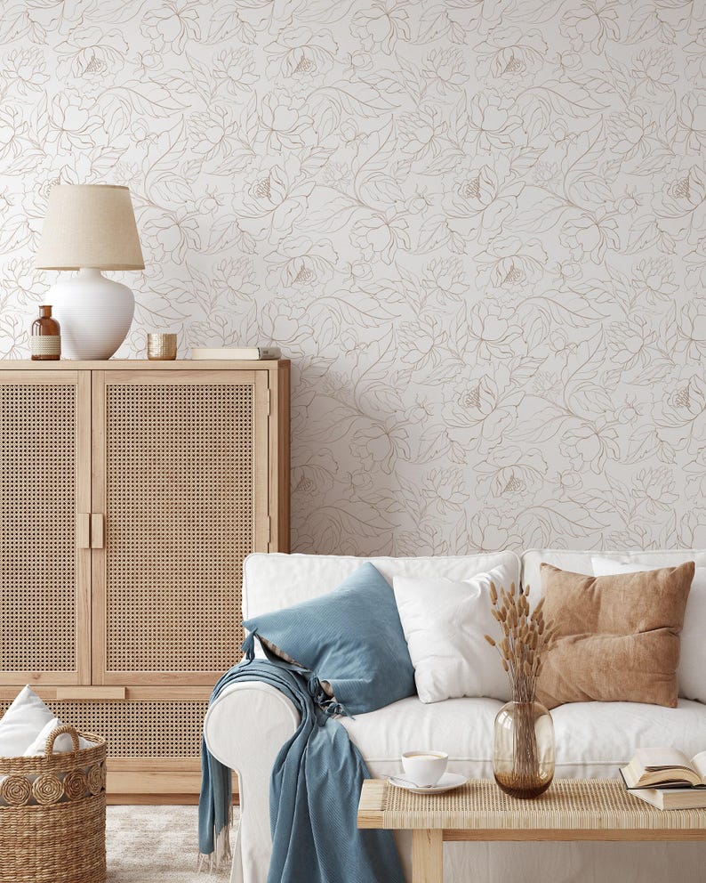 Boho pioenrozen behang | Verwijderbaar, zelfklevend minimalistisch behang | Peel-and-Stick of voorgelijmd behang met bloemen | Milieuvriendelijk afbeelding 4